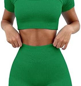 OLCHEE Womens Workout Sets 2 Piece - Seamless Ribbed Gym Outfits Short Sleeve Crop Top and Biker Shorts Matching Yoga Clothes