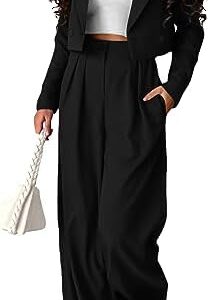 PRETTYGARDEN Women's 2 Piece Casual Outfits Cropped Blazer Jackets High Waisted Wide Leg Work Pants Suit Set
