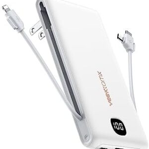 VEEKTOMX Power Bank with Built in Cables 10000mAh, 15W USB C Fast Charging Portable Charger Built in AC Wall Plug, Ultra Slim Battery Charger Compatible with iPhone/Samsung Note10/S20 S21 S22