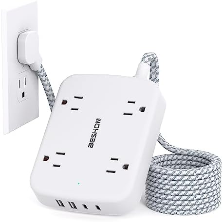 Surge Protector Power Strip with 2 USB C - 5 Ft Flat Extension Cord Flat Plug Power Strip, 4 Widely Outlets and 4 USB Charging Ports, Outlet Extender, 900 Joules, for Home Office Dorm Room Essentials