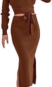 PRETTYGARDEN Women Fall 2 Piece Outfits Sweater Long Sleeve Wrap V Neck Belted Backless Top Bodycon Slit Midi Skirt Set
