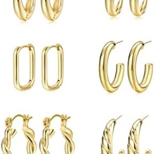 Gold Hoop Earrings Set for Women, 6 Pairs 14K Gold Plated Lightweight Hypoallergenic Chunky Open Hoops Jewelry for Gift