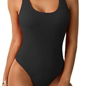 Limeeke Women One Piece Swimsuit Solid Ribbed Monokini Swimwear Scoop Neck Low Back Bathing Suit