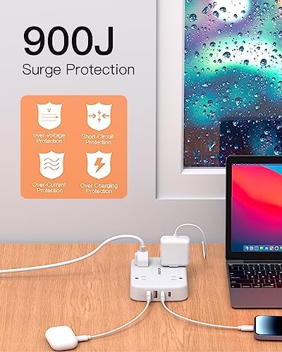 Surge Protector Power Strip with 2 USB C - 5 Ft Flat Extension Cord Flat Plug Power Strip, 4 Widely Outlets and 4 USB Charging Ports, Outlet Extender, 900 Joules, for Home Office Dorm Room Essentials - Image 7