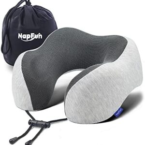 napfun Neck Pillow for Traveling, Upgraded Travel Neck Pillow for Airplane 100% Pure Memory Foam Travel Pillow for Flight Headrest Sleep, Portable Plane Accessories, Light Grey