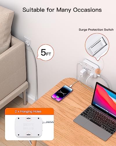 Surge Protector Power Strip with 2 USB C - 5 Ft Flat Extension Cord Flat Plug Power Strip, 4 Widely Outlets and 4 USB Charging Ports, Outlet Extender, 900 Joules, for Home Office Dorm Room Essentials - Image 6