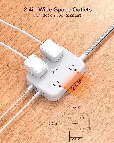 Surge Protector Power Strip with 2 USB C - 5 Ft Flat Extension Cord Flat Plug Power Strip, 4 Widely Outlets and 4 USB Charging Ports, Outlet Extender, 900 Joules, for Home Office Dorm Room Essentials - Image 2